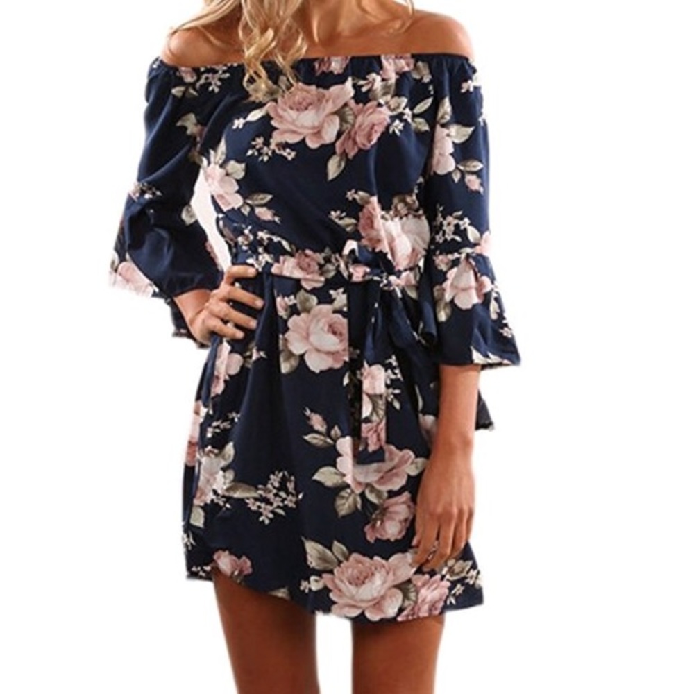 Navy floral off shoulder dress!